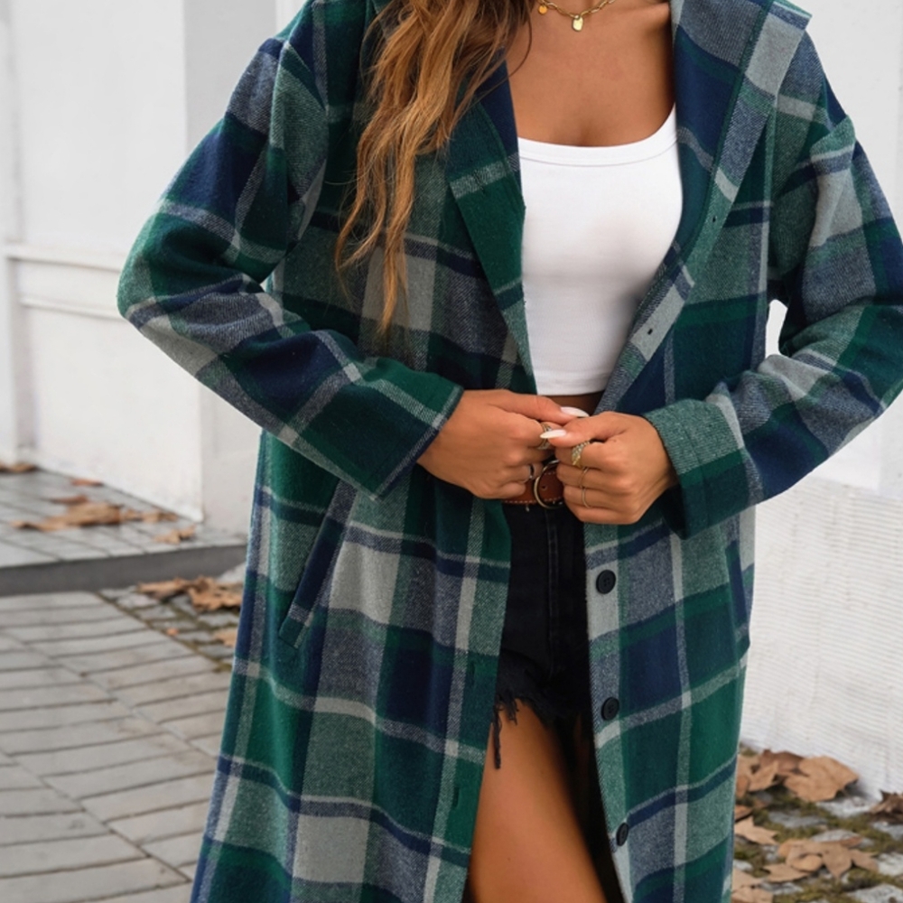 Green Plaid Whisper Hooded Coat - Picture 2 of 11